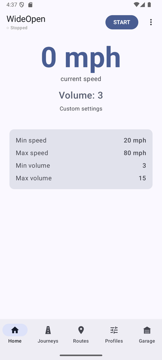 WideOpen home screen showing current speed, volume, and settings