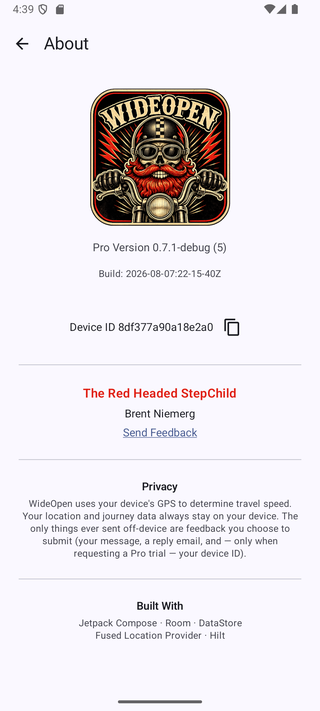 About screen showing version, Device ID, and Send Feedback link