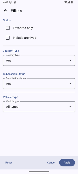 Journey filters screen