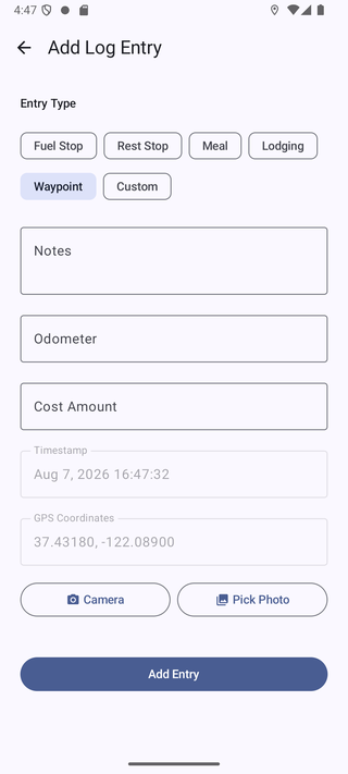 Add Log Entry screen