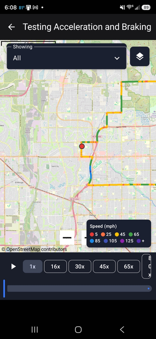 Recorded GPS route on an interactive map, with the layers menu, speed legend, and replay bar open
