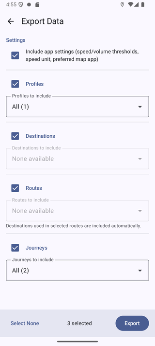 Export Data screen
