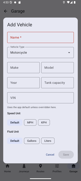 Add Vehicle screen