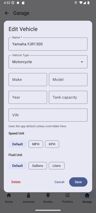 Edit Vehicle screen