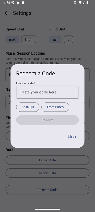 Redeem Code screen